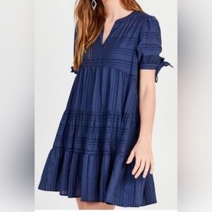 Altard State Navy Blue Baby Doll Dress Medium Vertical & Horizontal Stripes